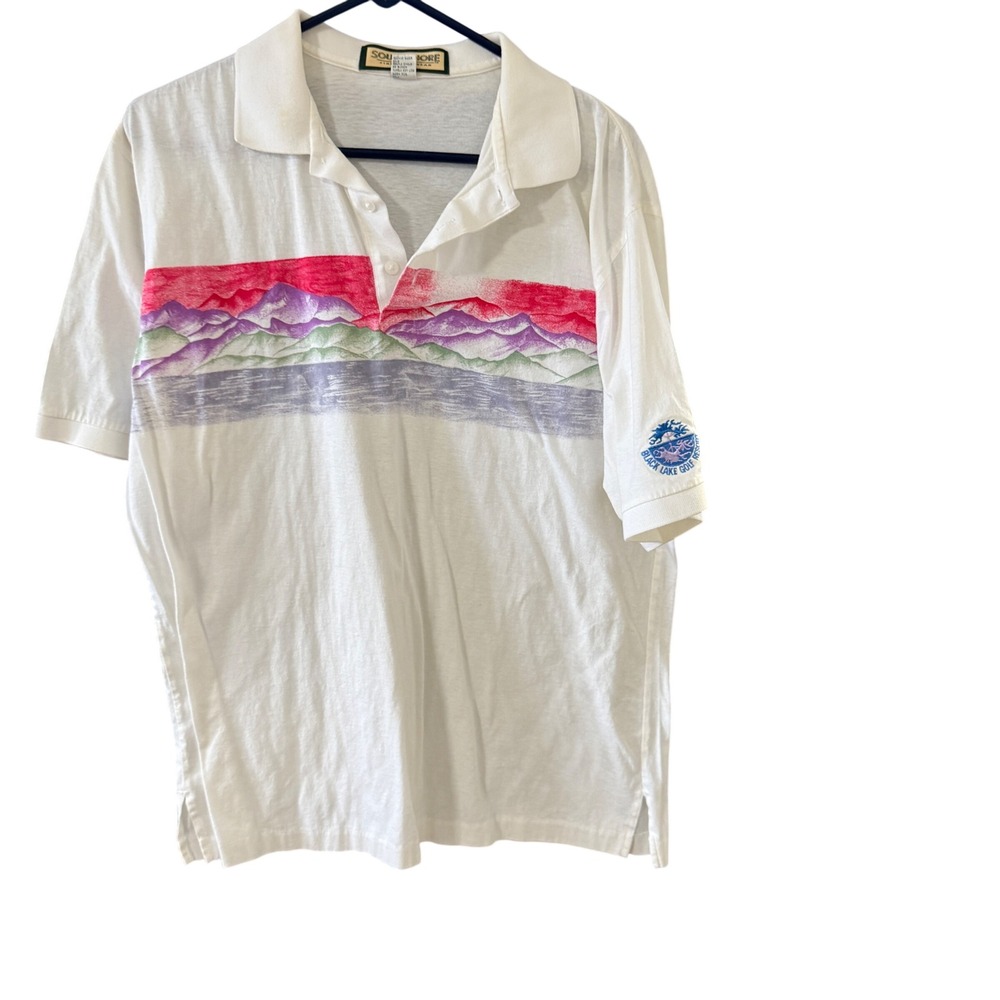 South Shore Vintage 70s Mens White Mountain Graphic Polo Shirt Black Lake Golf L